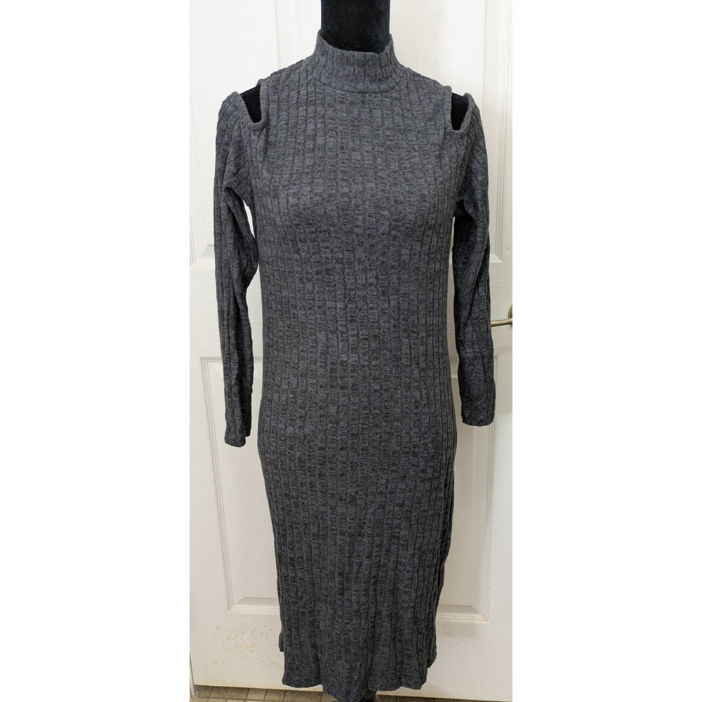 Allison Brittney Women's Bobycon Stretch Knit Cold Shoulder Dress Large Grey